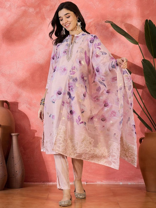 Floral Print Straight Kurta Sets With Dupatta