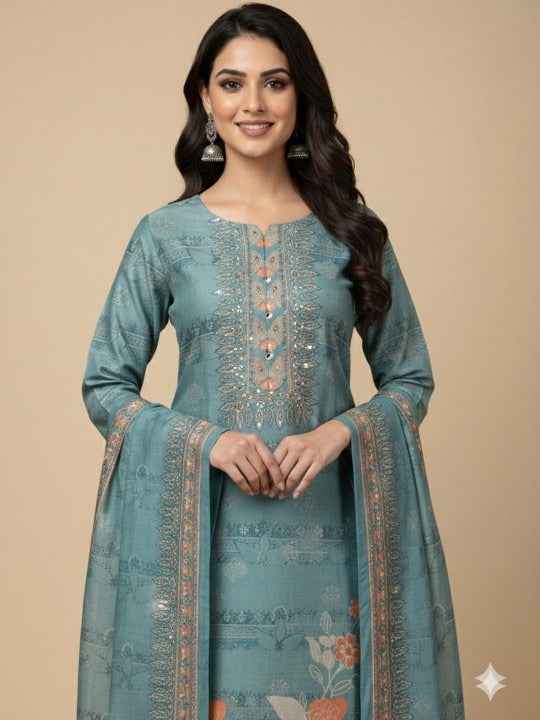 Women Floral Printed Regular Sequinned Kurta with Trousers & With Dupatta