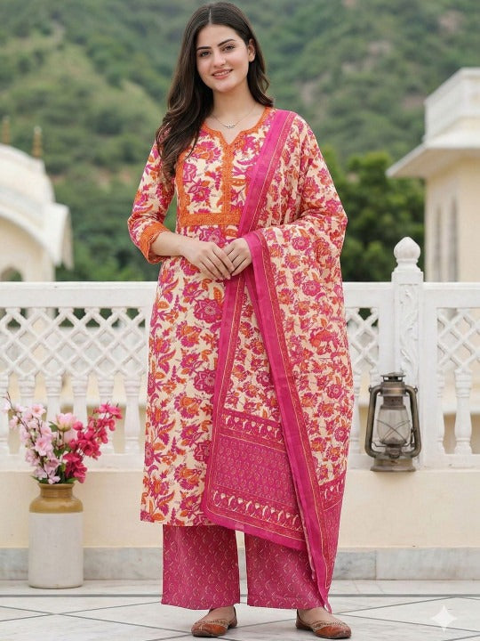 Women Floral Printed Regular Pure Cotton Kurta with Palazzos & With Dupatta