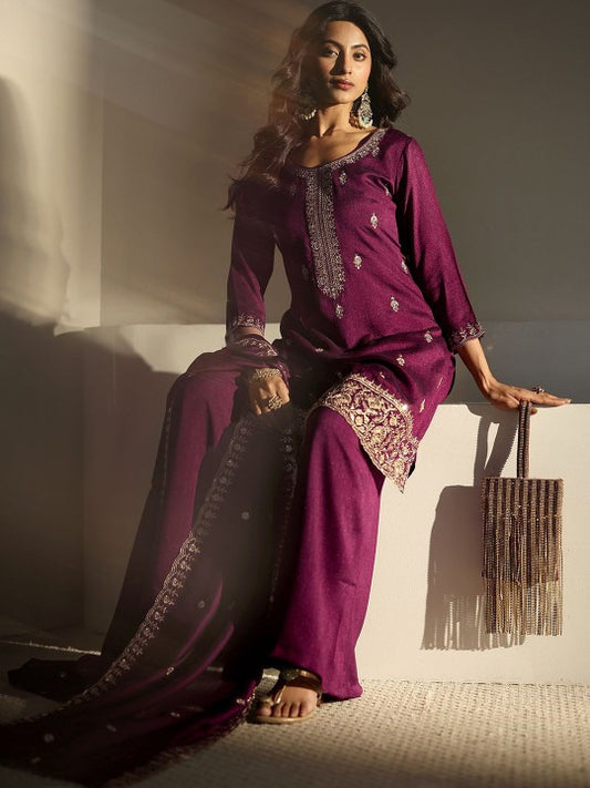 Women Ethnic Motifs Embroidered Regular Thread Work Kurta with Palazzos & With Dupatta