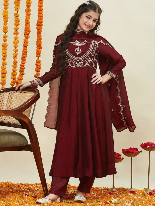 Girls Silk Embroidered Anarkali Kurta and Pant Set with Dupatta