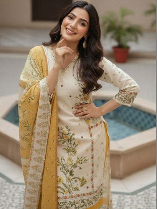 Women Floral Embroidered Regular Sequinned Pure Cotton Kurta with Trousers & With Dupatta