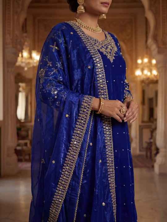 Women Ethnic Motifs Embroidered Regular Thread Work Pure Silk Kurta with Sharara & With