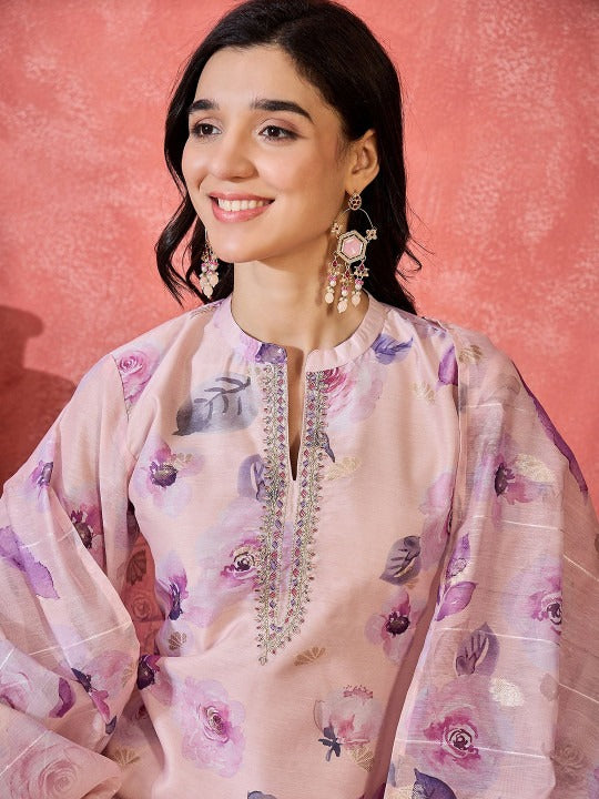 Floral Print Straight Kurta Sets With Dupatta