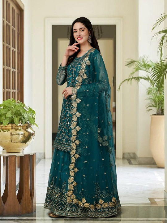 Floral Embroidered Regular Beads and Stones Kurta with Skirt & Dupatta