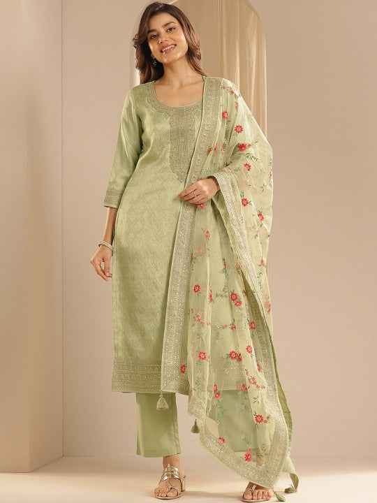Floral Woven Design Zari Straight Kurta With Trousers And Dupatta