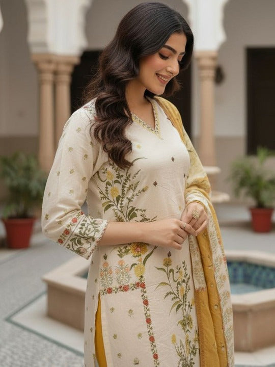 Women Floral Embroidered Regular Sequinned Pure Cotton Kurta with Trousers & With Dupatta