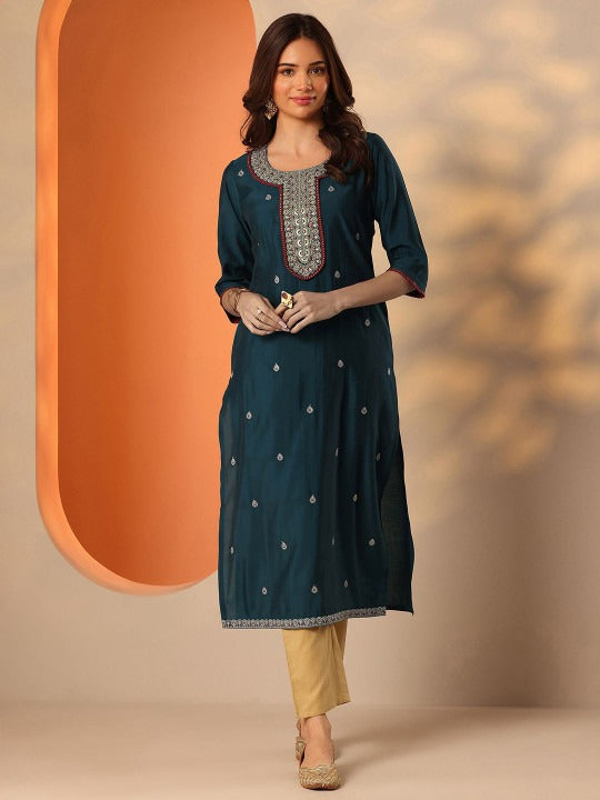 Women Ethnic Motifs Embroidered Fusion Silk Straight Kurta