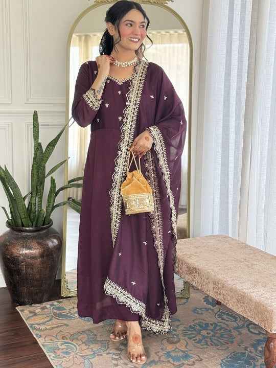 Floral Embroidered Notch Neck Sequinned Anarkali Kurta With Trousers & Dupatta