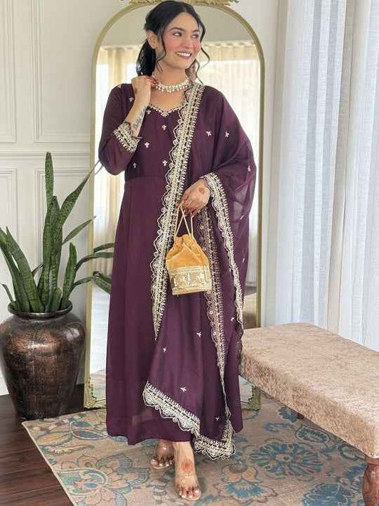 Floral Embroidered Notch Neck Sequinned Anarkali Kurta With Trousers & Dupatta