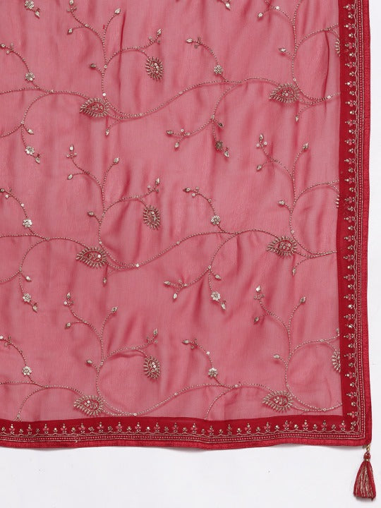 Floral Embroidered Regular Thread Work Georgette Kurta with Trousers & Dupatta