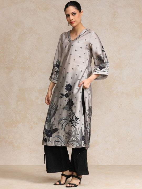 Varanga Floral Printed Flared Sleeves Straight Chanderi Cotton Kurta