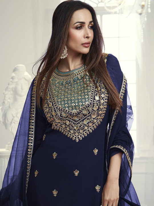 Navy Blue Floral Embroidered Sequinned Georgette Kurta with Palazzo & Dupatta