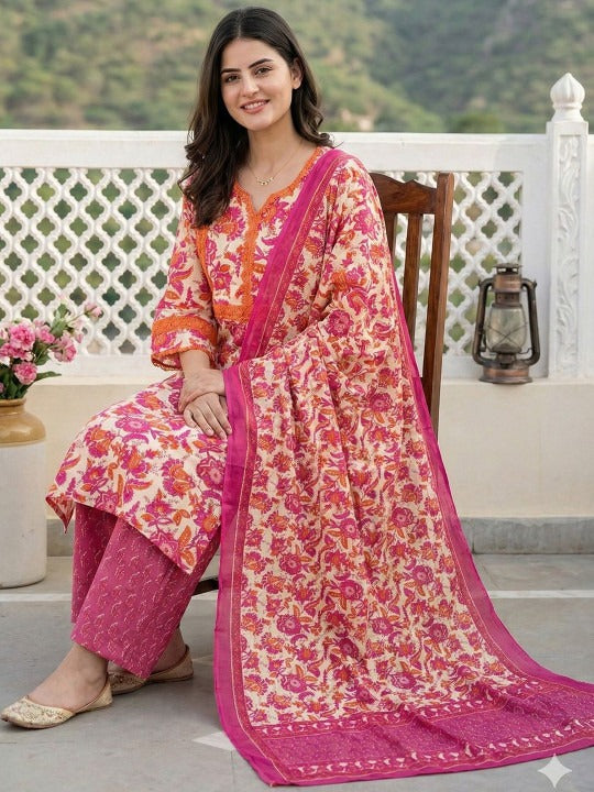 Women Floral Printed Regular Pure Cotton Kurta with Palazzos & With Dupatta