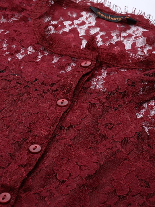 Maroon Self Design Lace Top With Slip