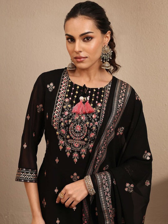 Women Ethnic Motifs Embroidered Regular Thread Work Kurta with Sharara & With Dupatta