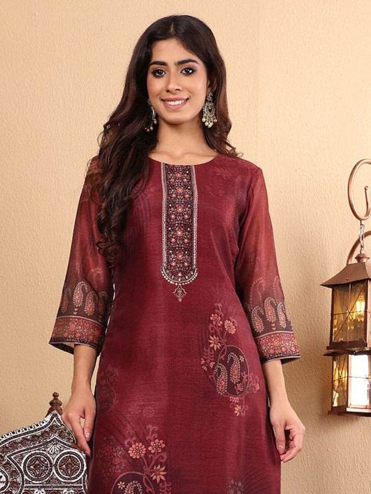 Floral Printed Sequinned Chanderi Silk Straight Kurta with Trousers & Dupatta