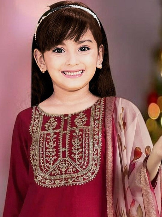 Girls Embroidered Kurta with Salwar & With Dupatta