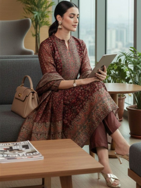 Women Ethnic Motifs Printed Regular Chanderi Silk Kurta with Trousers & With Dupatta