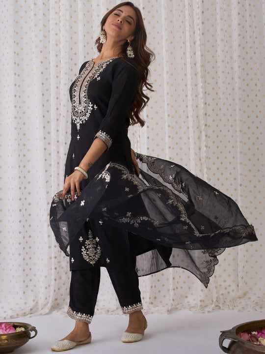 Ethnic Motifs Embroidered V-Neck Thread Work Kurta with Trousers & Dupatta