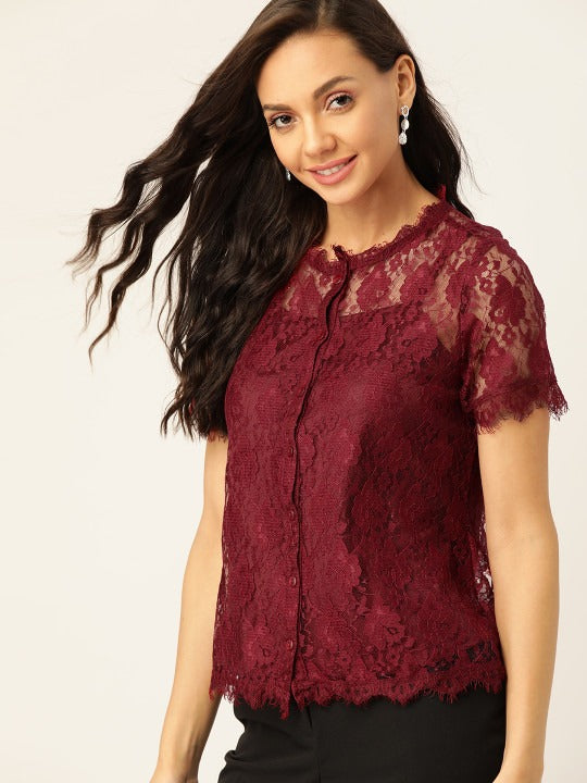 Maroon Self Design Lace Top With Slip