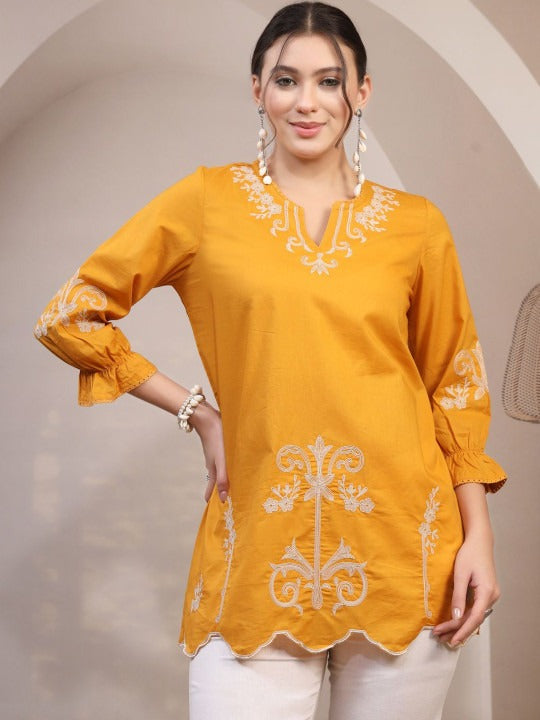 Ethnic Motifs Embroidered V-Neck Thread Work Pure Cotton Thread