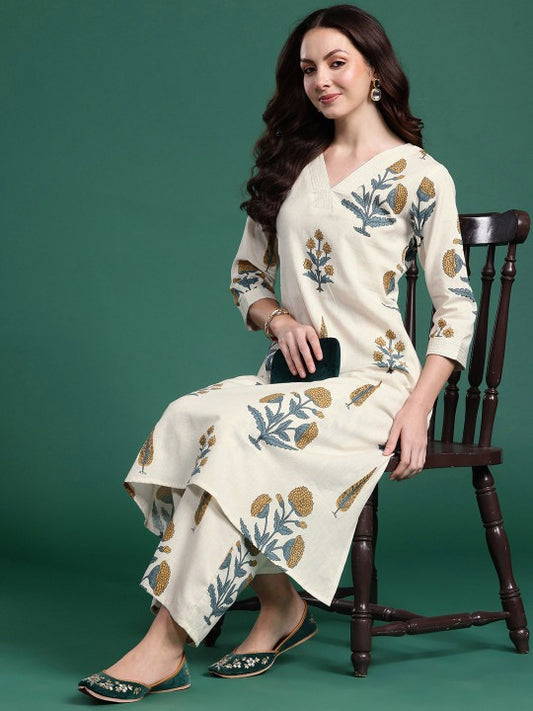 Women Floral Printed Regular Aline Calf Length Kurta with Trousers