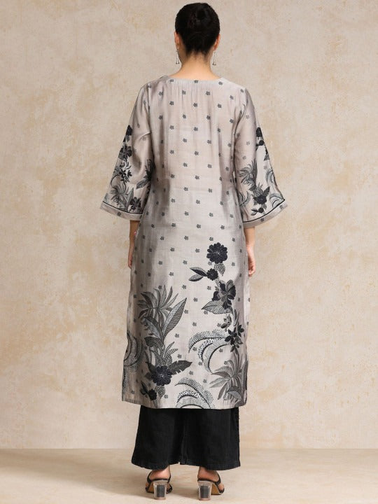Varanga Floral Printed Flared Sleeves Straight Chanderi Cotton Kurta