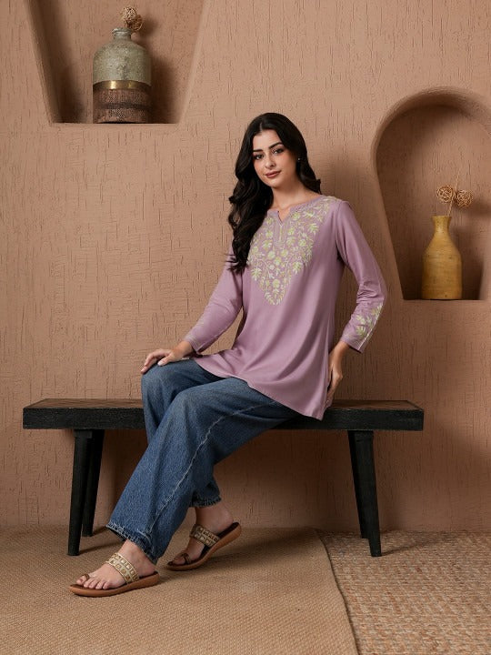 Qazmi Kashmiri Aari Work Viscose Rayon A-Line Flared Kurti