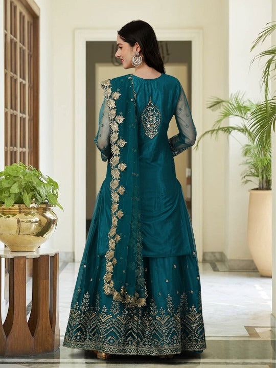 Floral Embroidered Regular Beads and Stones Kurta with Skirt & Dupatta