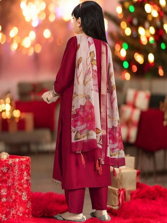 Girls Embroidered Kurta with Salwar & With Dupatta