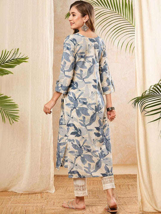 Floral Printed Round Neck Thread Work Straight Cotton Kurta