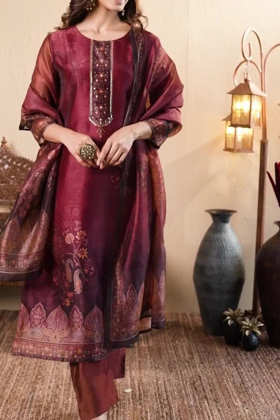 Floral Printed Sequinned Chanderi Silk Straight Kurta with Trousers & Dupatta