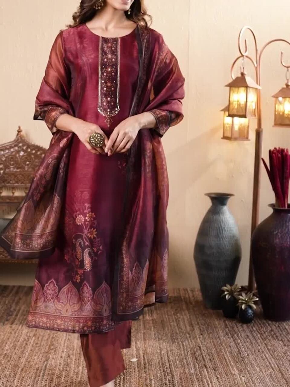 Floral Printed Sequinned Chanderi Silk Straight Kurta with Trousers & Dupatta