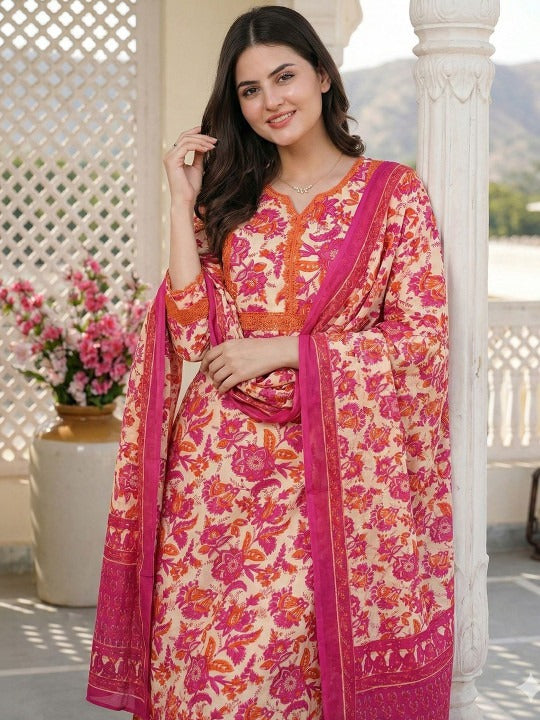 Women Floral Printed Regular Pure Cotton Kurta with Palazzos & With Dupatta
