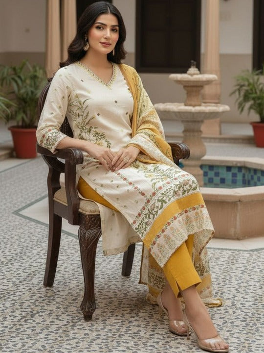 Women Floral Embroidered Regular Sequinned Pure Cotton Kurta with Trousers & With Dupatta
