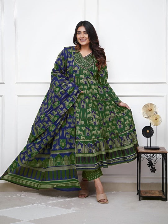 Women Ethnic Motifs Printed Empire Thread Work Kurta with Trousers & With Dupatta