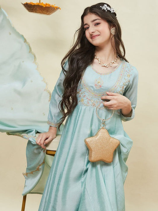 Girls Silk Embroidered Anarkali Kurta and Pant Set with Dupatta