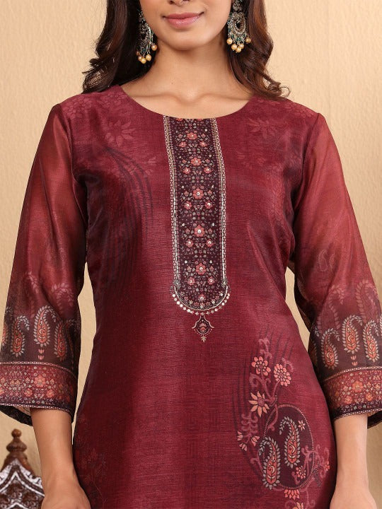 Floral Printed Sequinned Chanderi Silk Straight Kurta with Trousers & Dupatta
