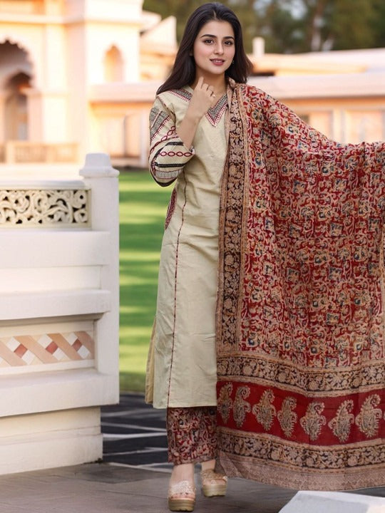 Women Ethnic Motifs Regular Thread Work Kurta with Trousers & With Dupatta