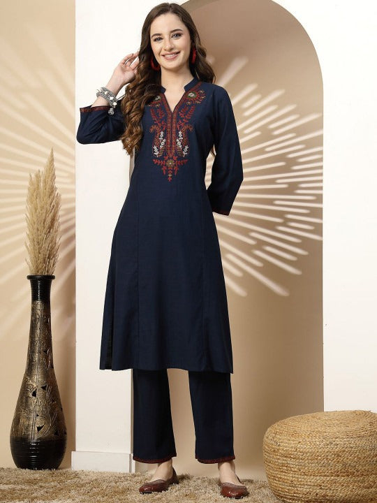 Floral Embroidered Mandarin Collar Linen Kurta with Palazzos