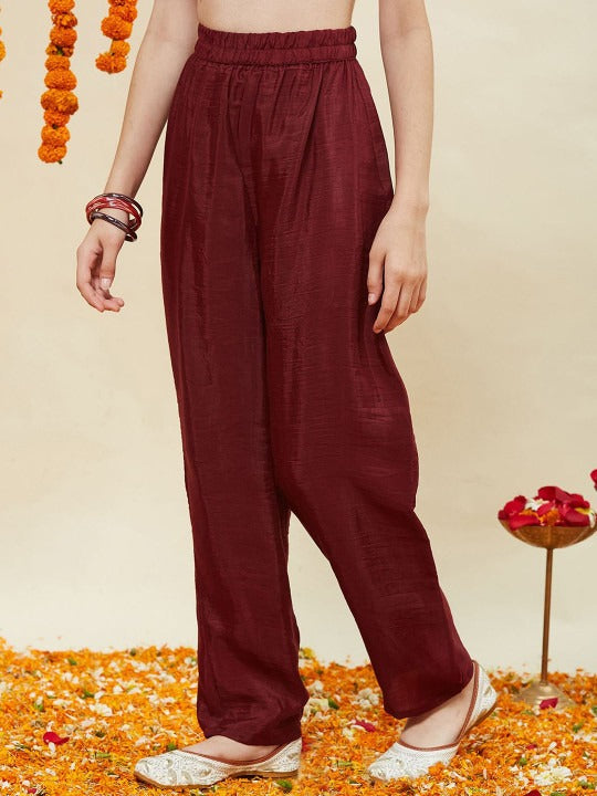 Girls Silk Embroidered Anarkali Kurta and Pant Set with Dupatta