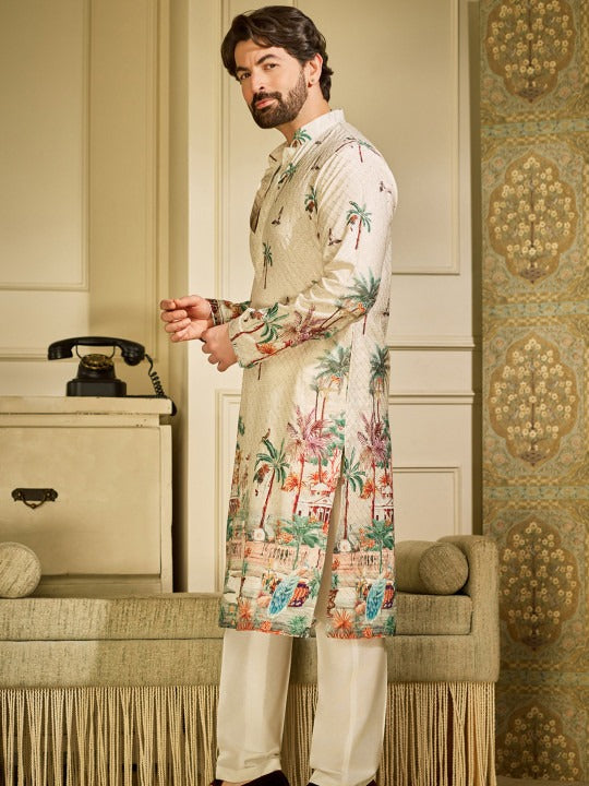 Ethnic Motifs Printed Mandarin Collar Sequinned Straight Kurtas