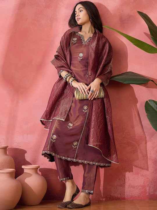 Floral Embroidered Panelled Notch Neck A-Line Kurta With Trouser And Dupatta