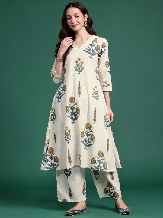 Women Floral Printed Regular Aline Calf Length Kurta with Trousers