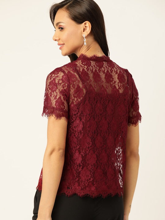 Maroon Self Design Lace Top With Slip