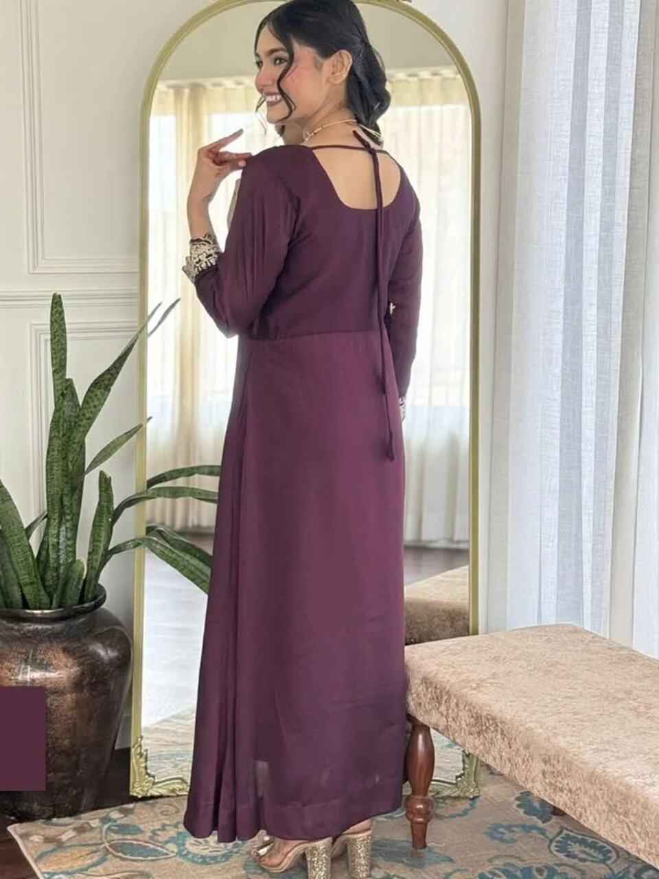 Floral Embroidered Notch Neck Sequinned Anarkali Kurta With Trousers & Dupatta