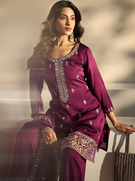Women Ethnic Motifs Embroidered Regular Thread Work Kurta with Palazzos & With Dupatta