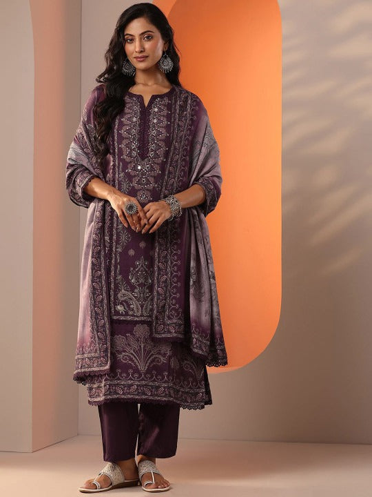 Floral Printed Sequinned Notch Neck Kurta With Trousers & Dupatta