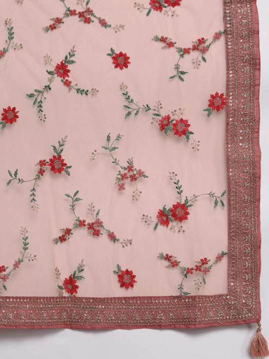 Women Peach-Coloured Floral Kurta with Trousers & Dupatta